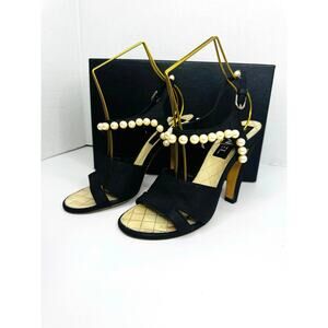 Chanel Black Grosgrain Faux Pearl Sandals EU 37.5 Luxury Designer Slide Sandals